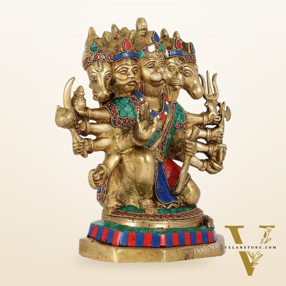 Exquisite Brass Panchmukhi Hanuman Statue with Stonework | 11.5" Height