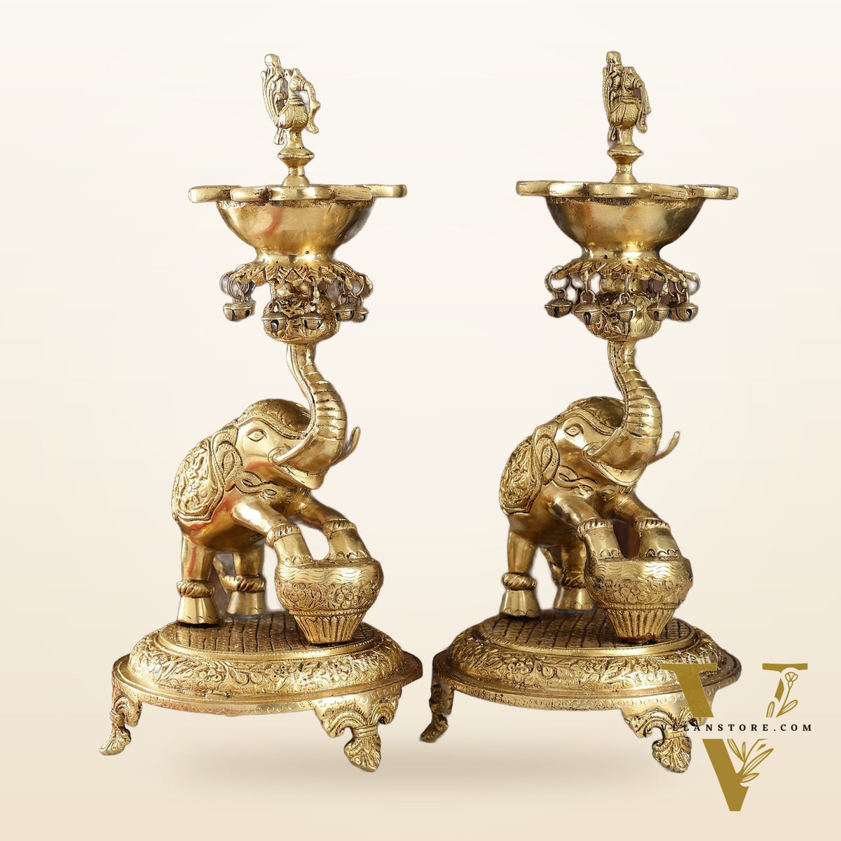 Exquisite Brass Peacock and Dancing Elephant Lamp Pair | 18" Height | Handcrafted Décor