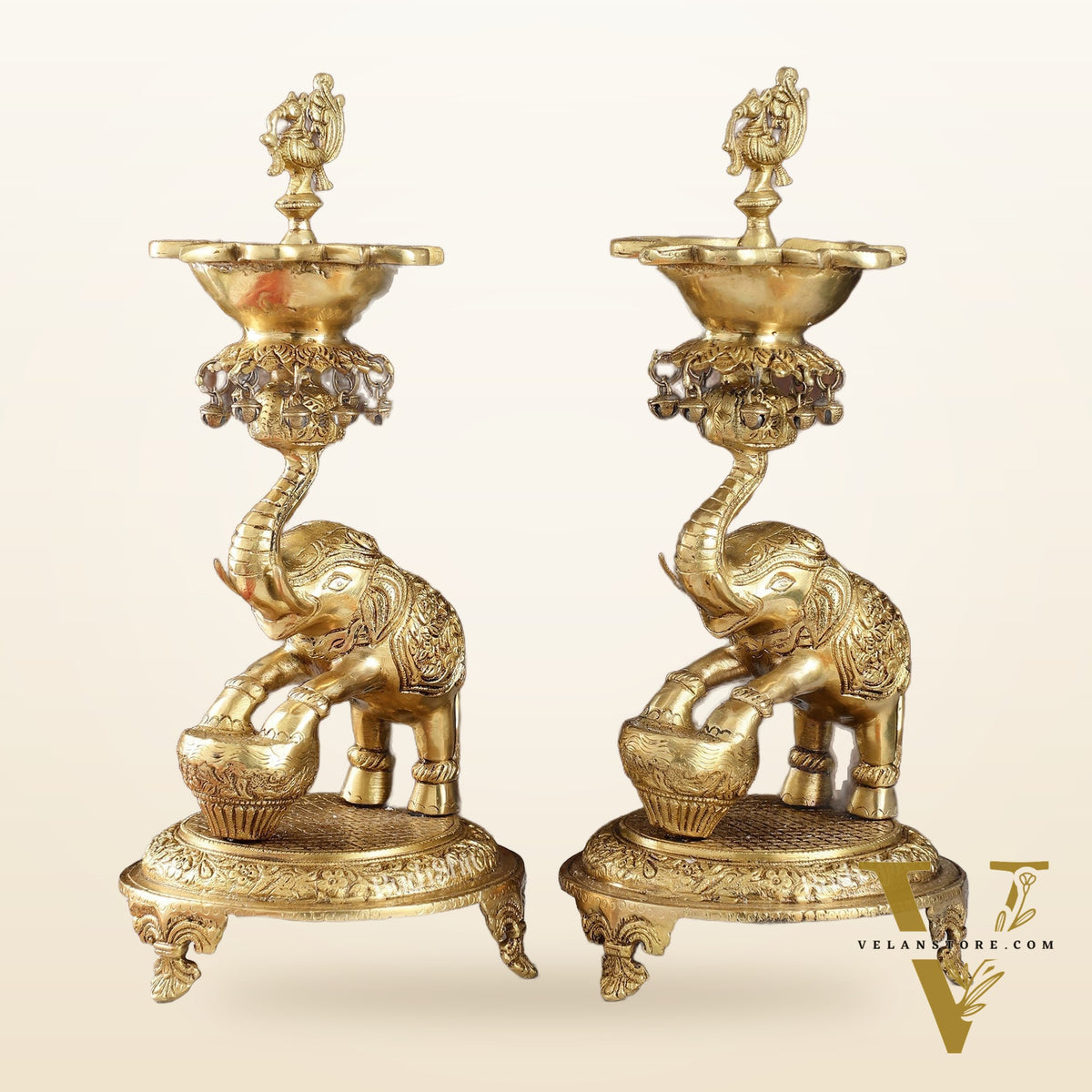 Exquisite Brass Peacock and Dancing Elephant Lamp Pair | 18" Height | Handcrafted Décor