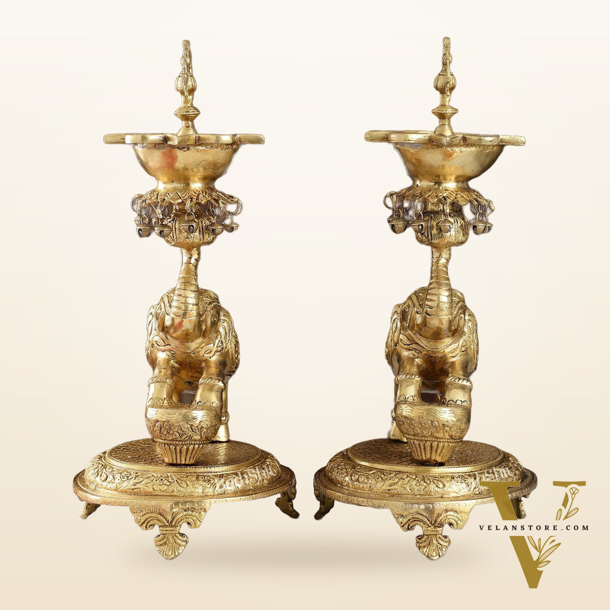 Exquisite Brass Peacock and Dancing Elephant Lamp Pair | 18" Height | Handcrafted Décor