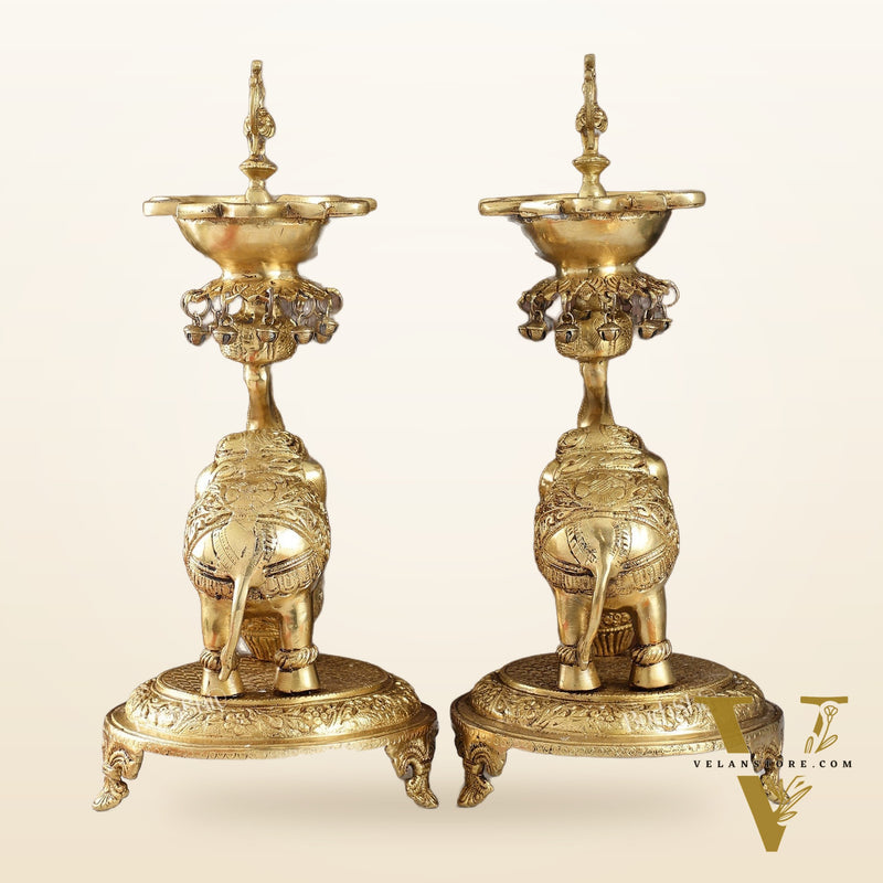 Exquisite Brass Peacock and Dancing Elephant Lamp Pair | 18" Height | Handcrafted Décor