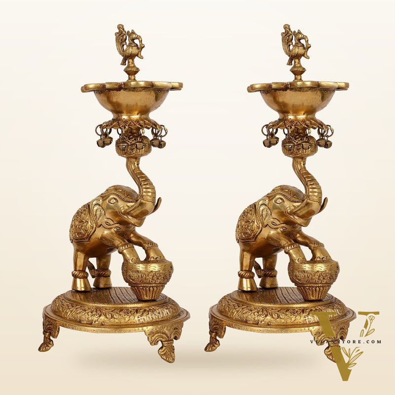 Exquisite Brass Peacock and Dancing Elephant Lamp Pair | 18" Height | Handcrafted Décor