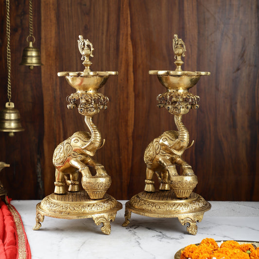 Exquisite Brass Peacock and Dancing Elephant Lamp Pair | 18" Height | Handcrafted Décor