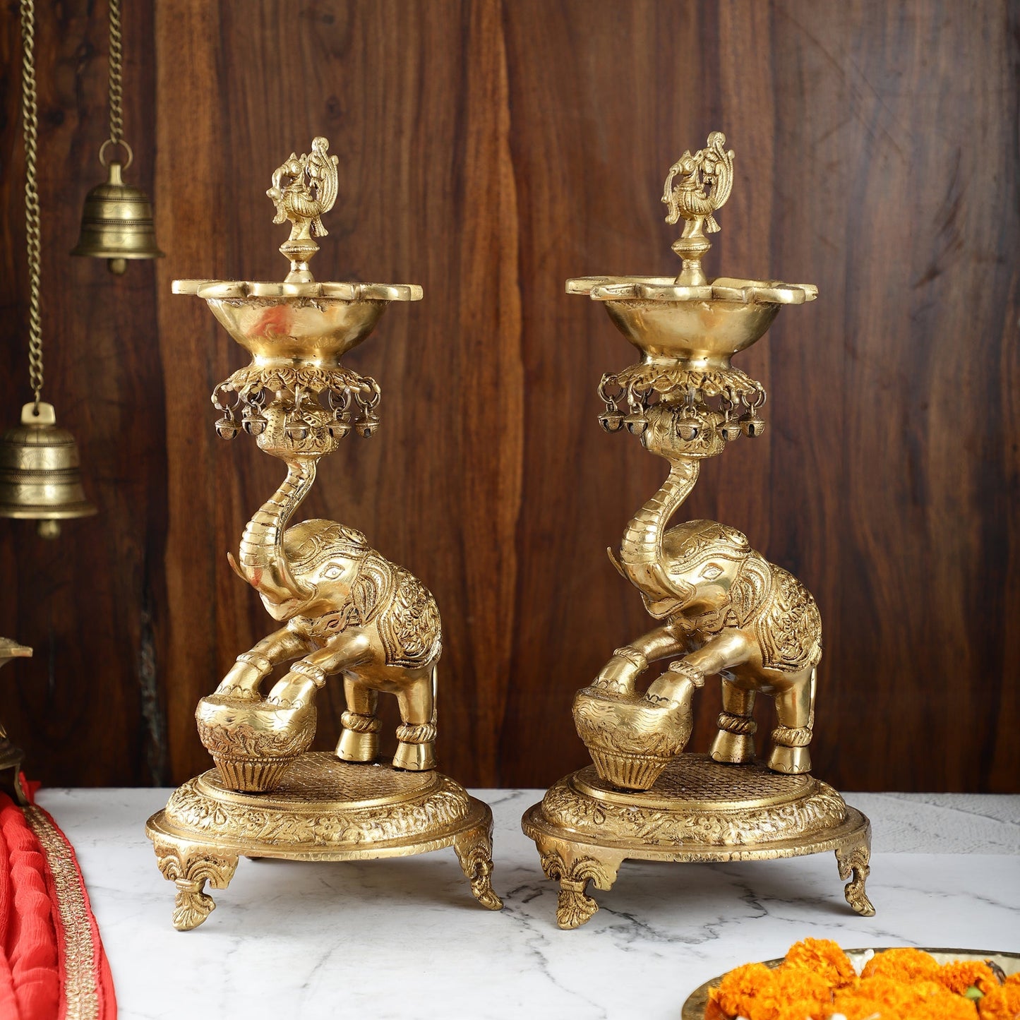 Exquisite Brass Peacock and Dancing Elephant Lamp Pair | 18" Height | Handcrafted Décor