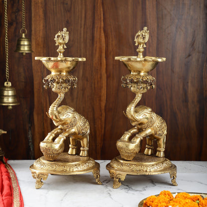 Exquisite Brass Peacock and Dancing Elephant Lamp Pair | 18" Height | Handcrafted Décor