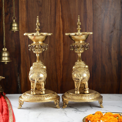 Exquisite Brass Peacock and Dancing Elephant Lamp Pair | 18" Height | Handcrafted Décor