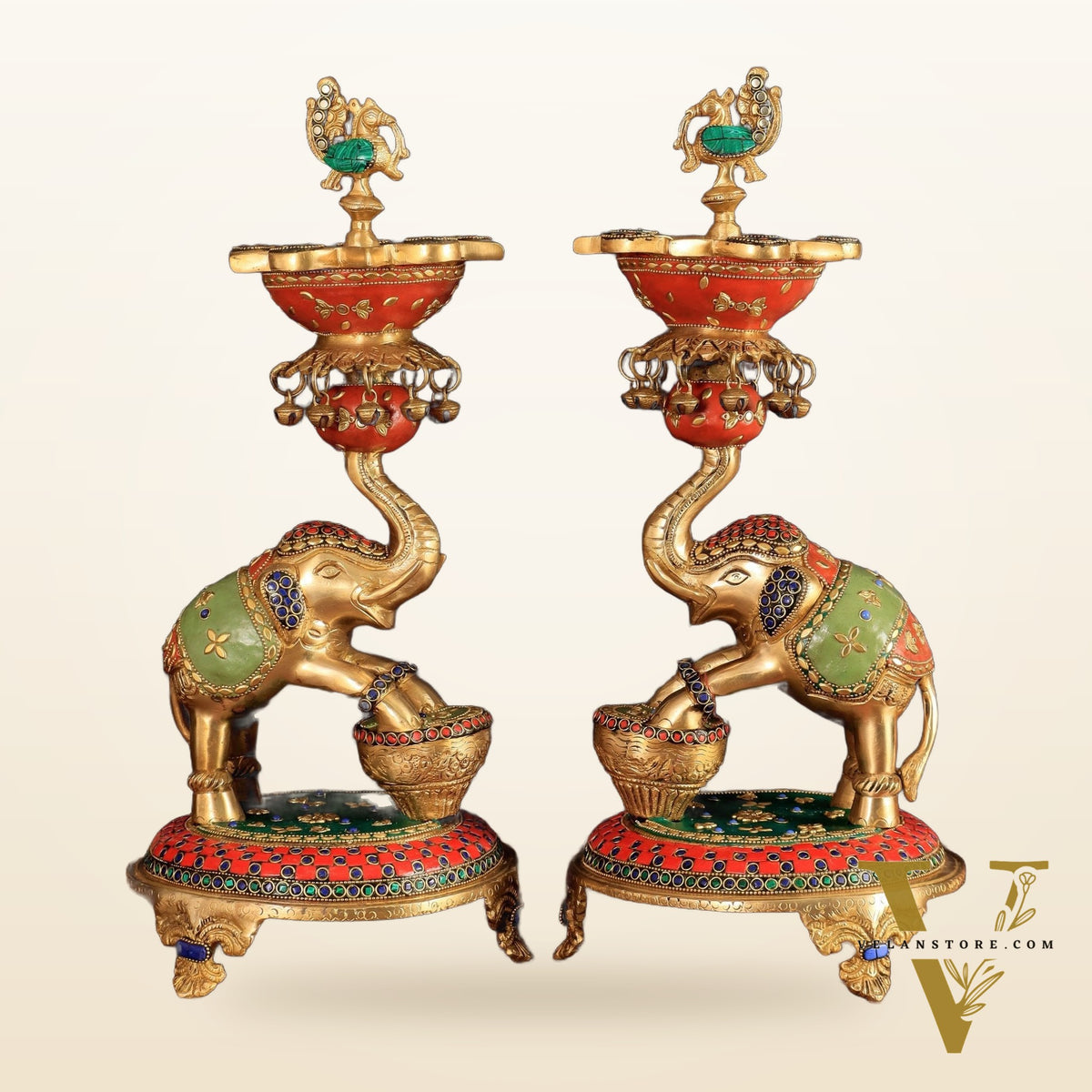 Exquisite Brass Peacock and Dancing Elephant Lamp Pair | 18"