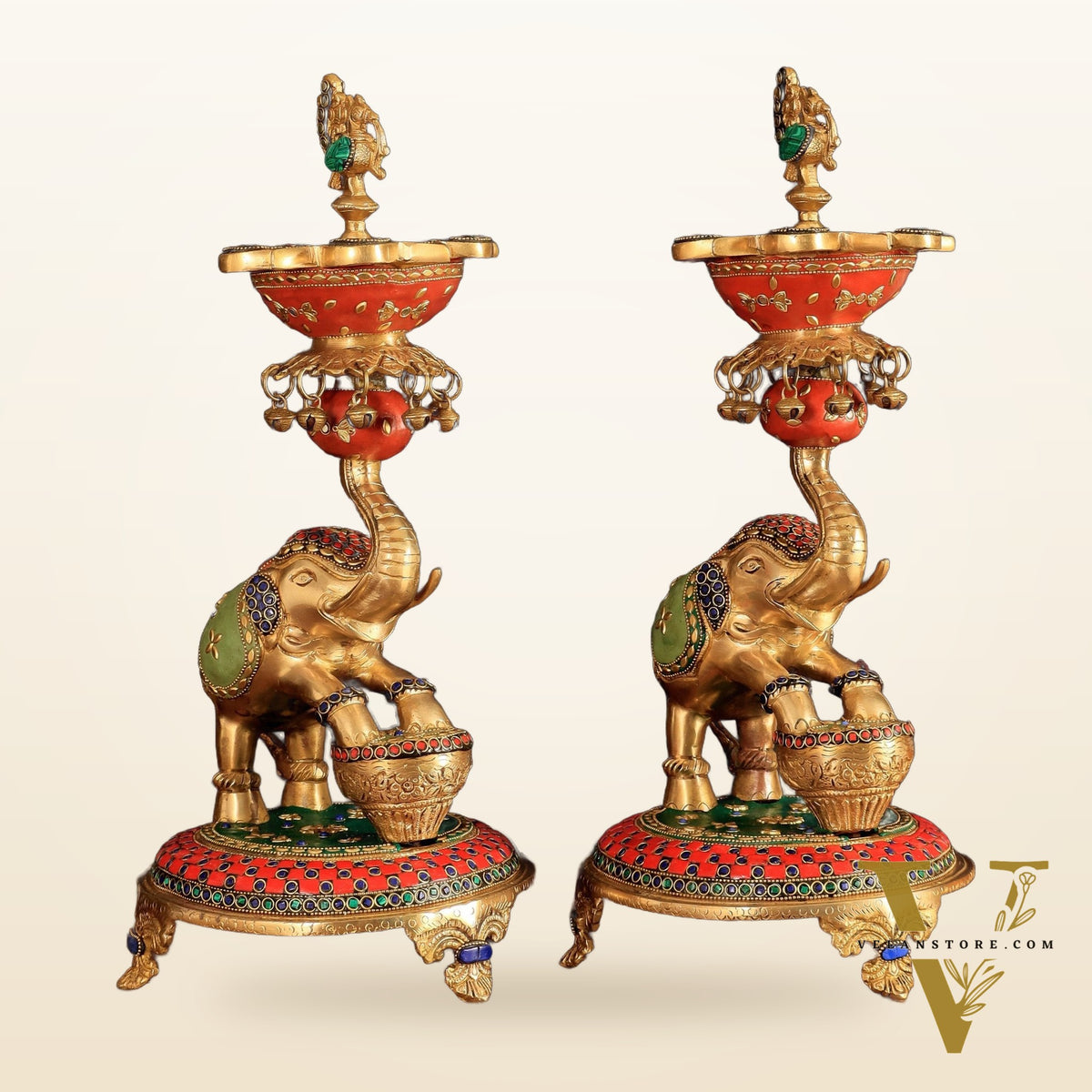 Exquisite Brass Peacock and Dancing Elephant Lamp Pair | 18"