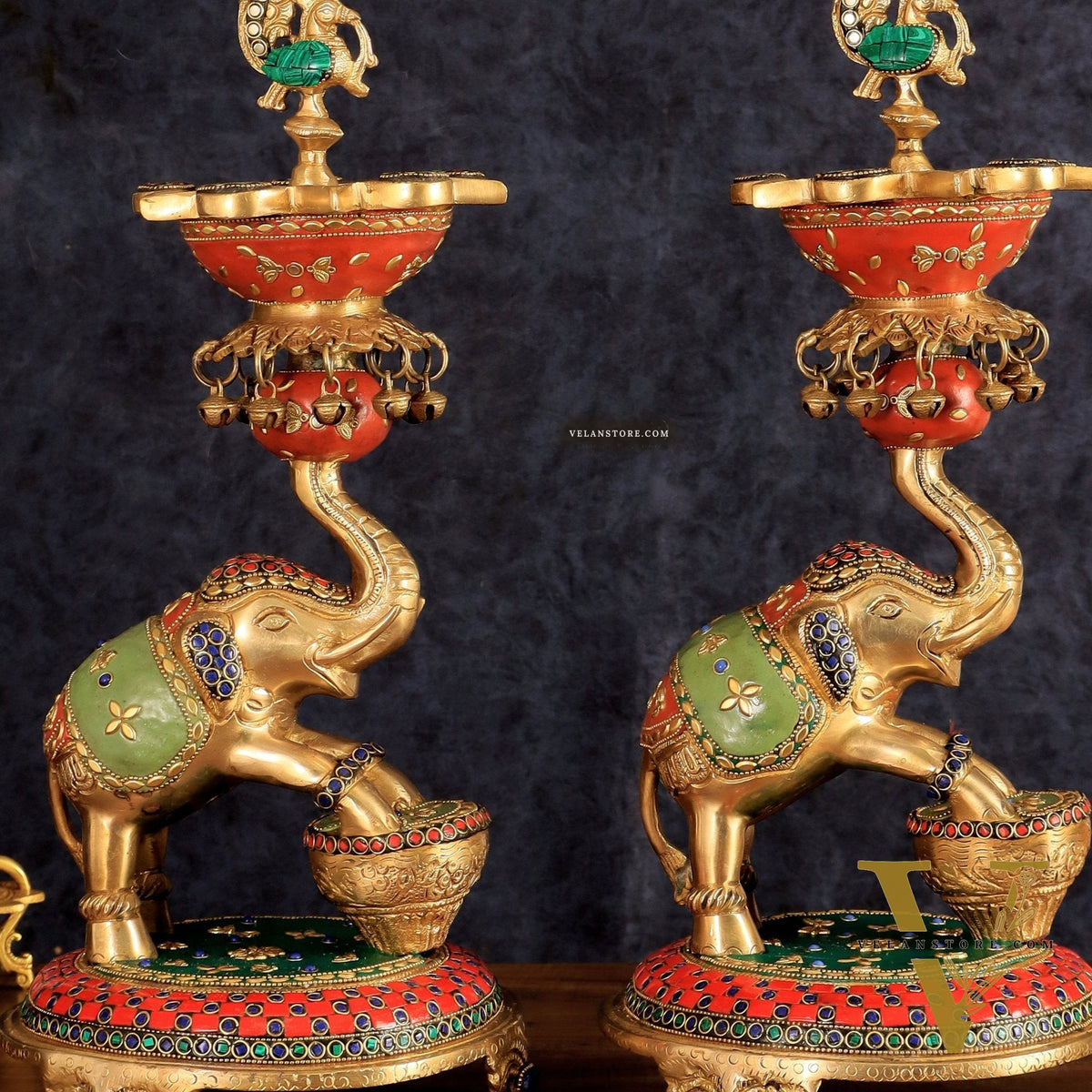 Exquisite Brass Peacock and Dancing Elephant Lamp Pair | 18"