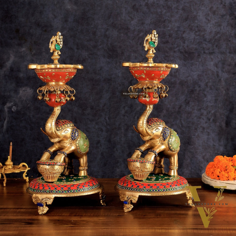 Exquisite Brass Peacock and Dancing Elephant Lamp Pair | 18"