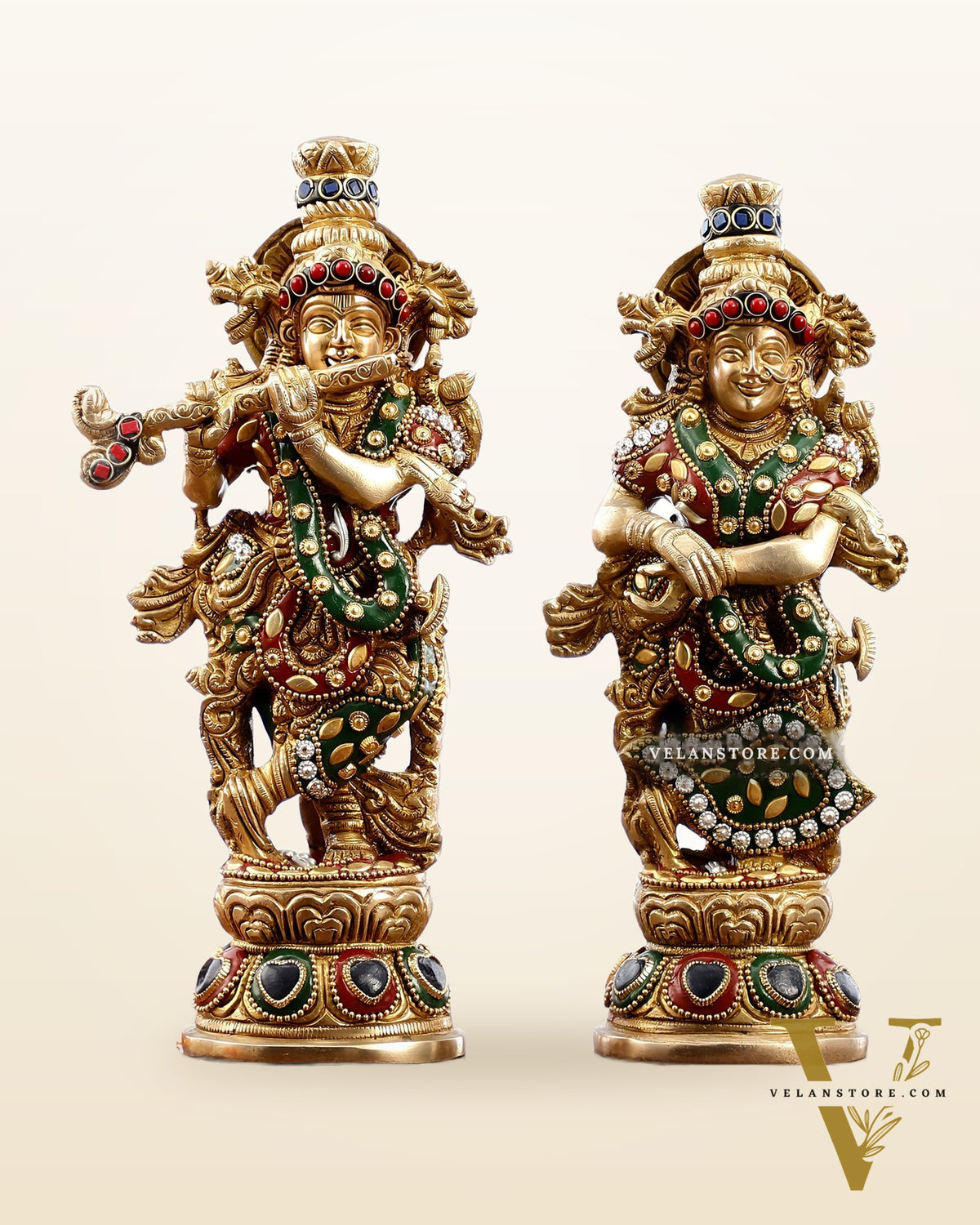 Exquisite Brass Radha Krishna Idol Pair with Stonework 9 inch