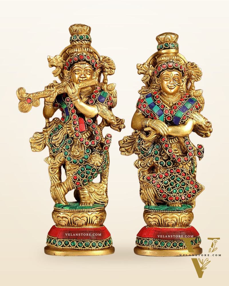 Exquisite Brass Radha Krishna Idol Pair with Stonework 9 inch