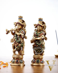 Exquisite Brass Radha Krishna Idol Pair with Stonework 9 inch