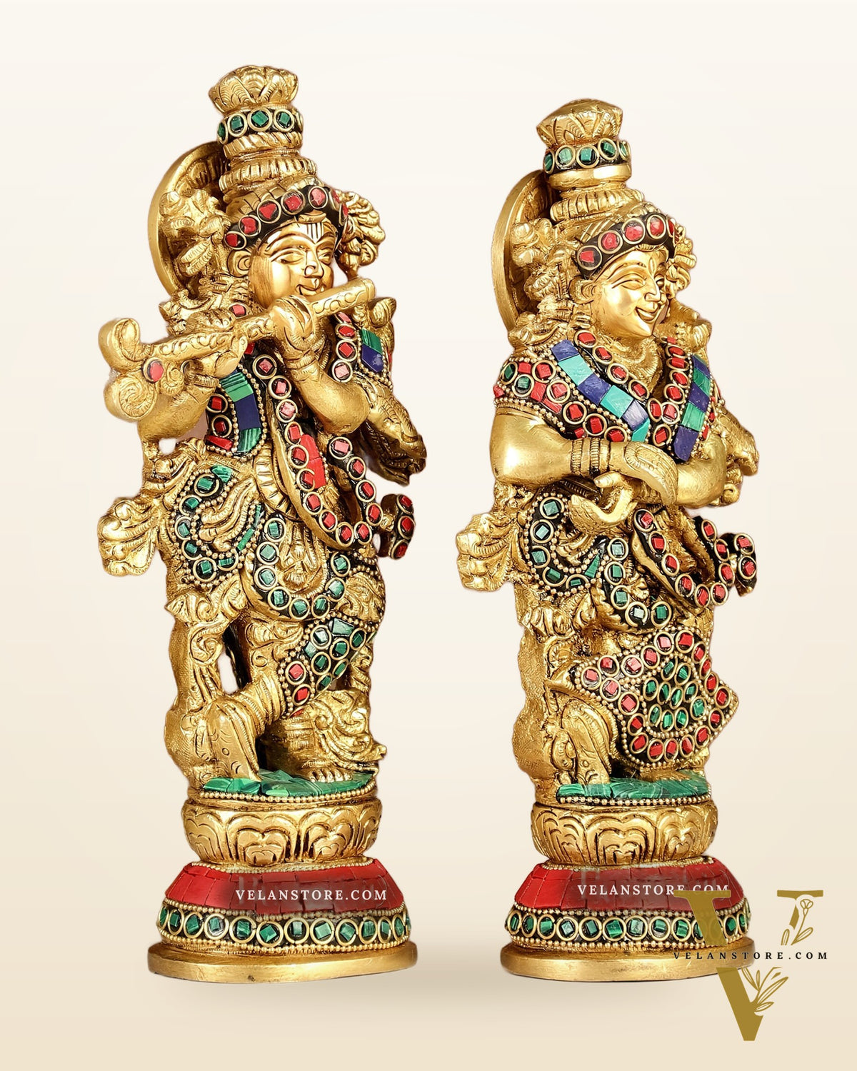 Exquisite Brass Radha Krishna Idol Pair with Stonework 9 inch