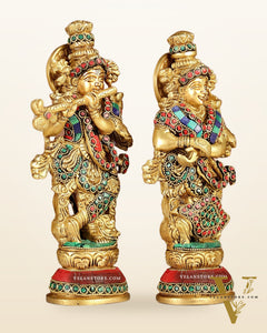 Exquisite Brass Radha Krishna Idol Pair with Stonework 9 inch