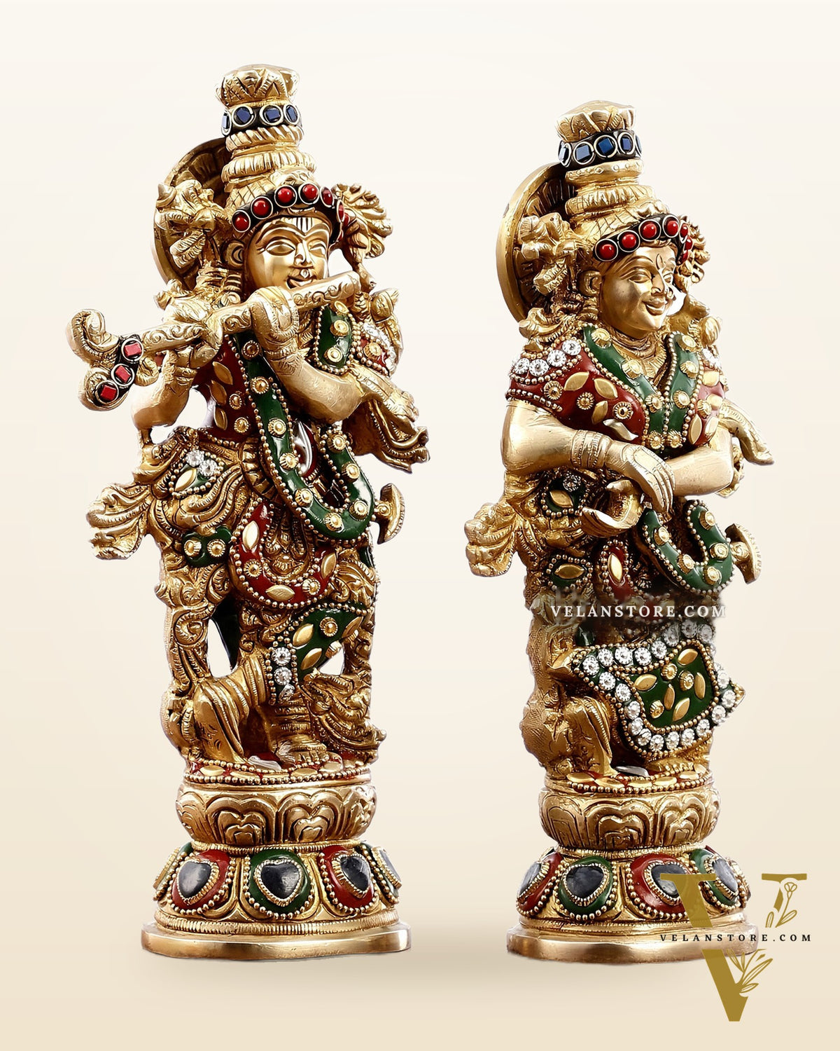 Exquisite Brass Radha Krishna Idol Pair with Stonework 9 inch
