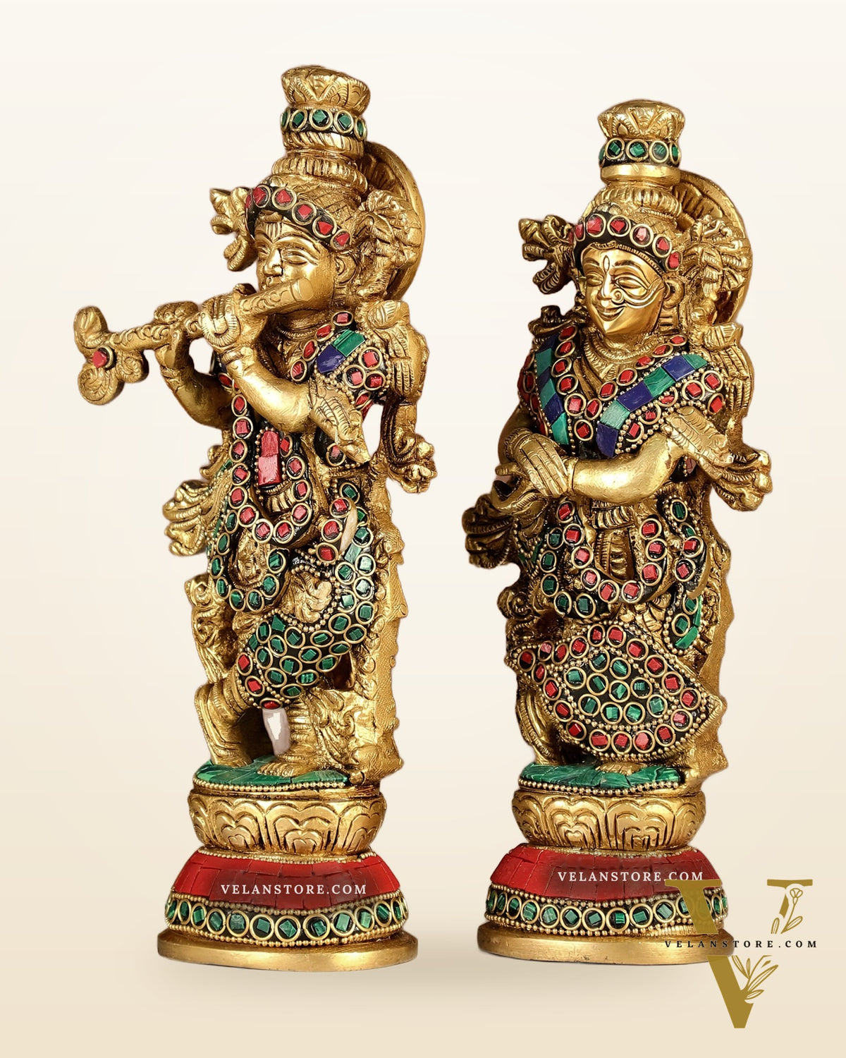 Exquisite Brass Radha Krishna Idol Pair with Stonework 9 inch