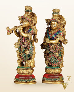Exquisite Brass Radha Krishna Idol Pair with Stonework 9 inch