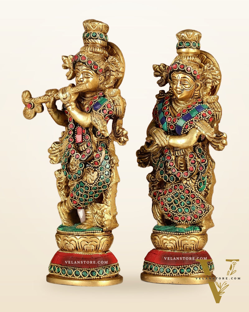 Exquisite Brass Radha Krishna Idol Pair with Stonework 9 inch