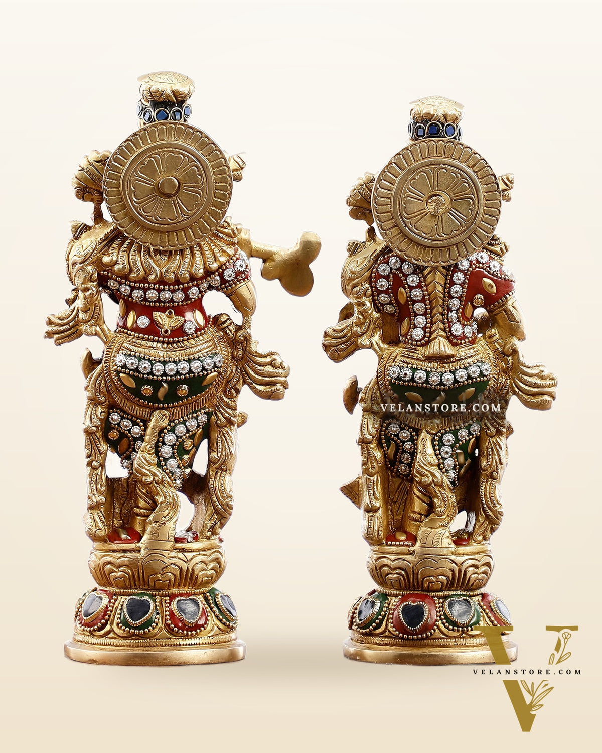 Exquisite Brass Radha Krishna Idol Pair with Stonework 9 inch