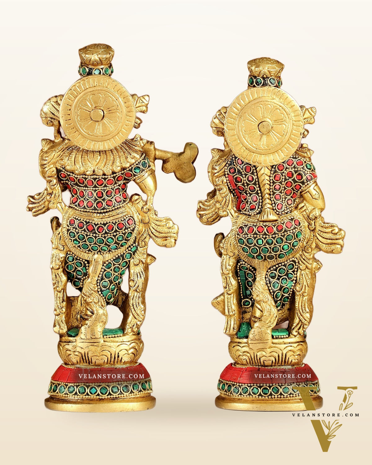 Exquisite Brass Radha Krishna Idol Pair with Stonework 9 inch