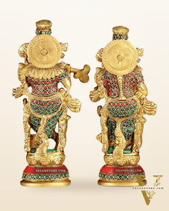 Exquisite Brass Radha Krishna Idol Pair with Stonework 9 inch