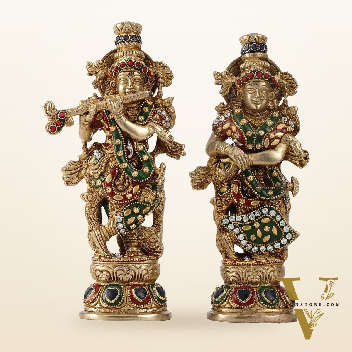 Exquisite Brass Radha Krishna Idol Pair with Stonework 9 inch
