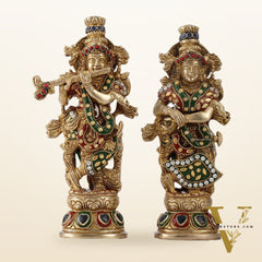 Exquisite Brass Radha Krishna Idol Pair with Stonework 9 inch