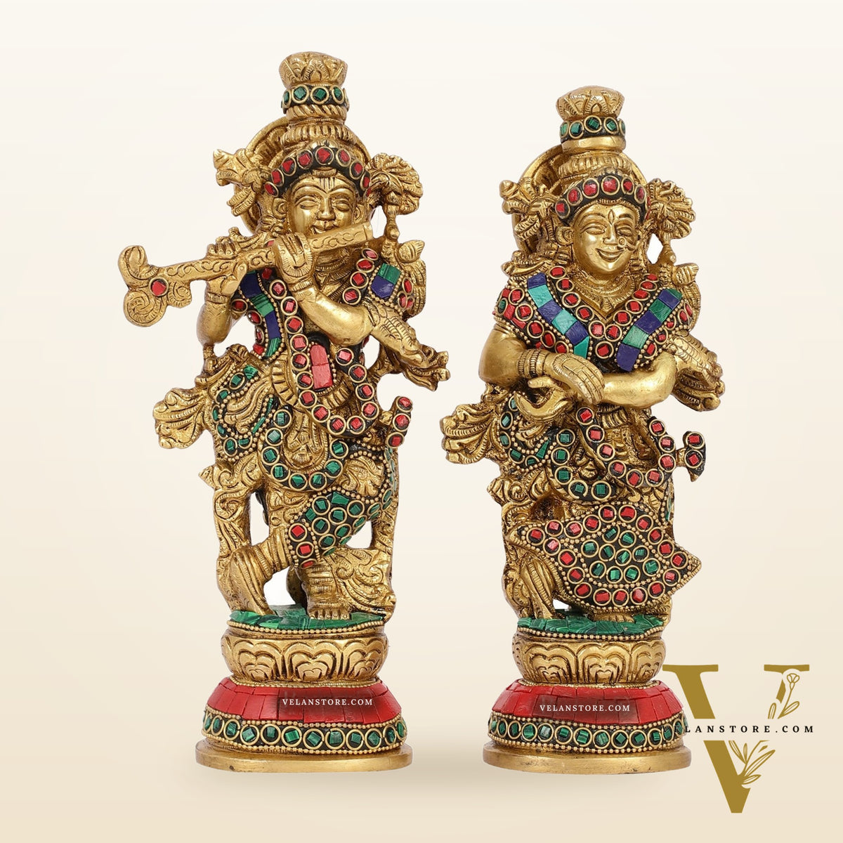 Exquisite Brass Radha Krishna Idol Pair with Stonework 9 inch