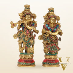 Exquisite Brass Radha Krishna Idol Pair with Stonework 9 inch