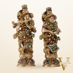 Exquisite Brass Radha Krishna Idol Pair with Stonework 9 inch