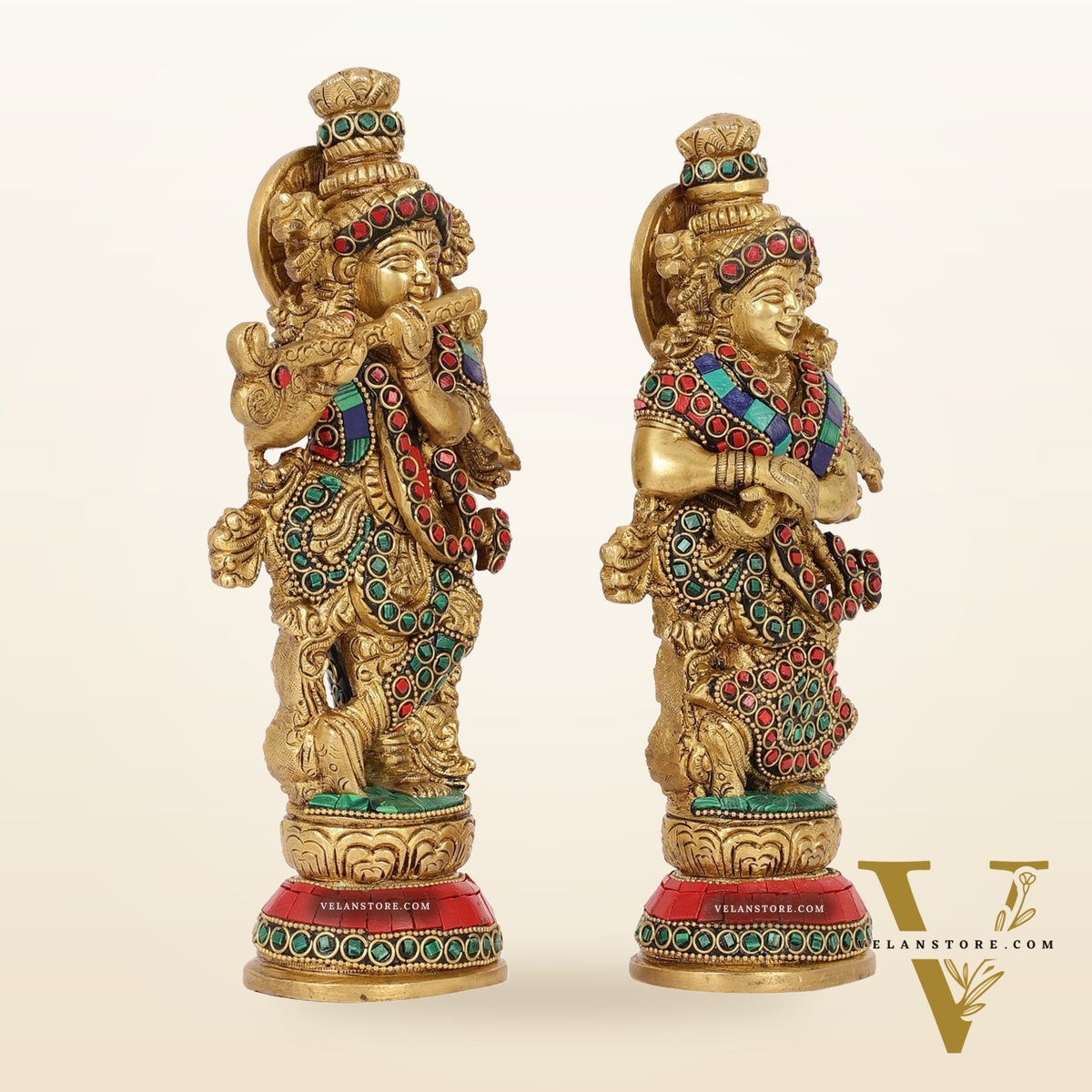 Exquisite Brass Radha Krishna Idol Pair with Stonework 9 inch