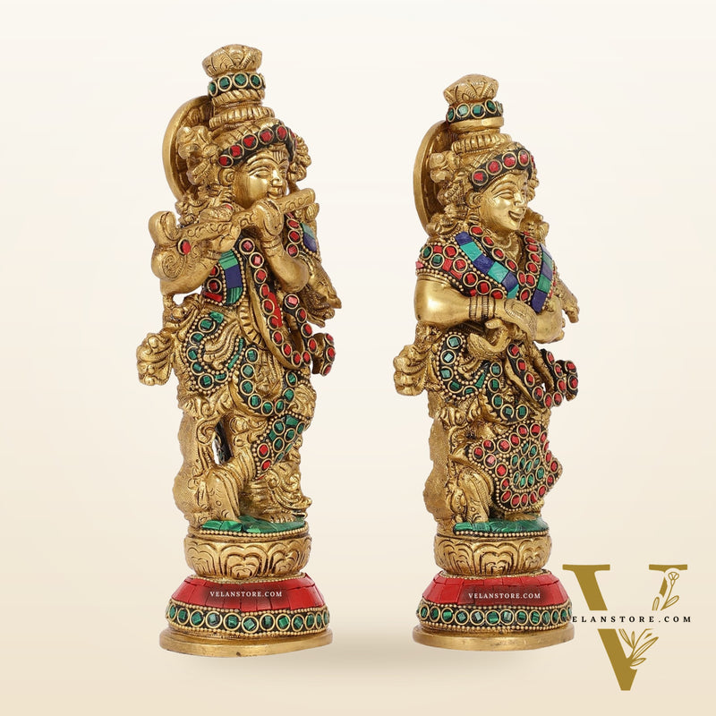 Exquisite Brass Radha Krishna Idol Pair with Stonework 9 inch