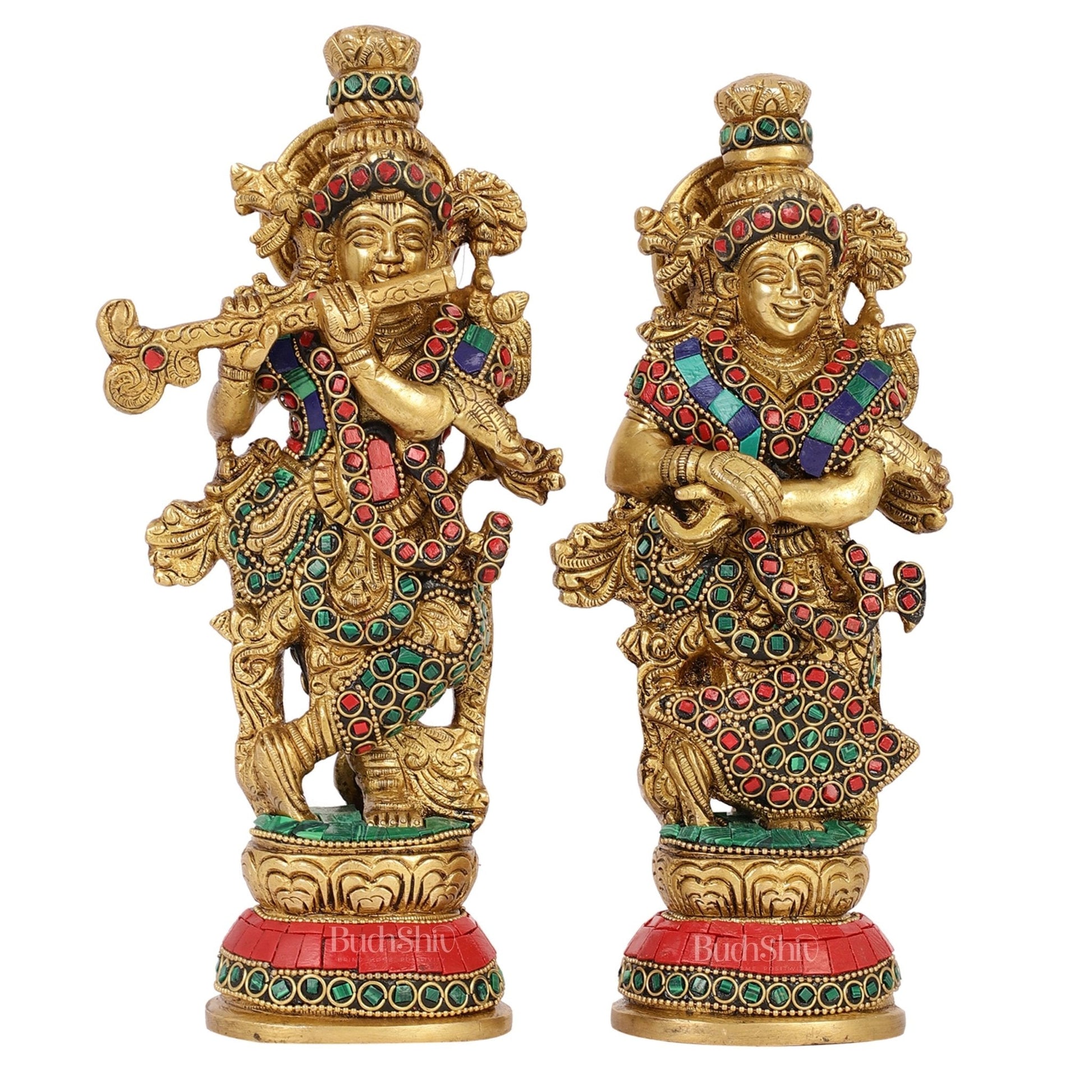 Exquisite Brass Radha Krishna Idol Pair with Stonework 9 inch