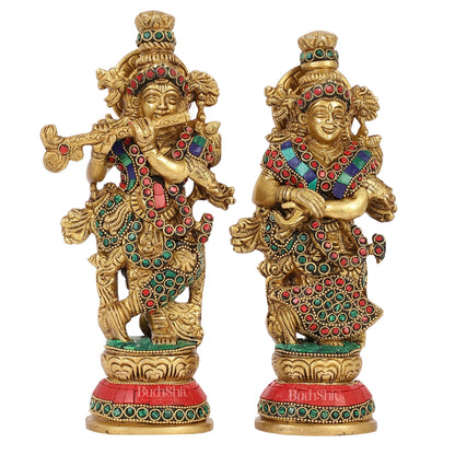 Exquisite Brass Radha Krishna Idol Pair with Stonework 9 inch