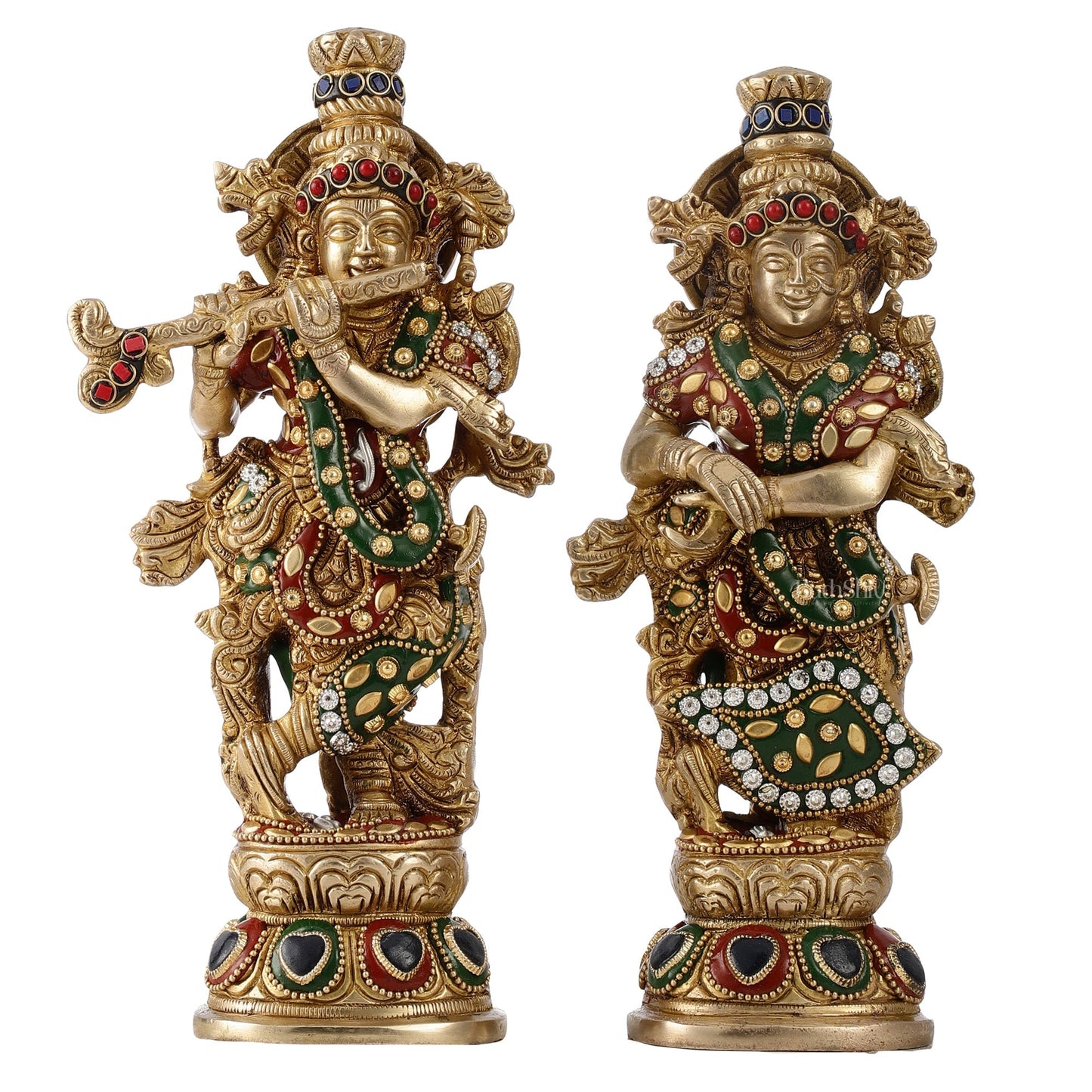 Exquisite Brass Radha Krishna Idol Pair with Stonework 9 inch