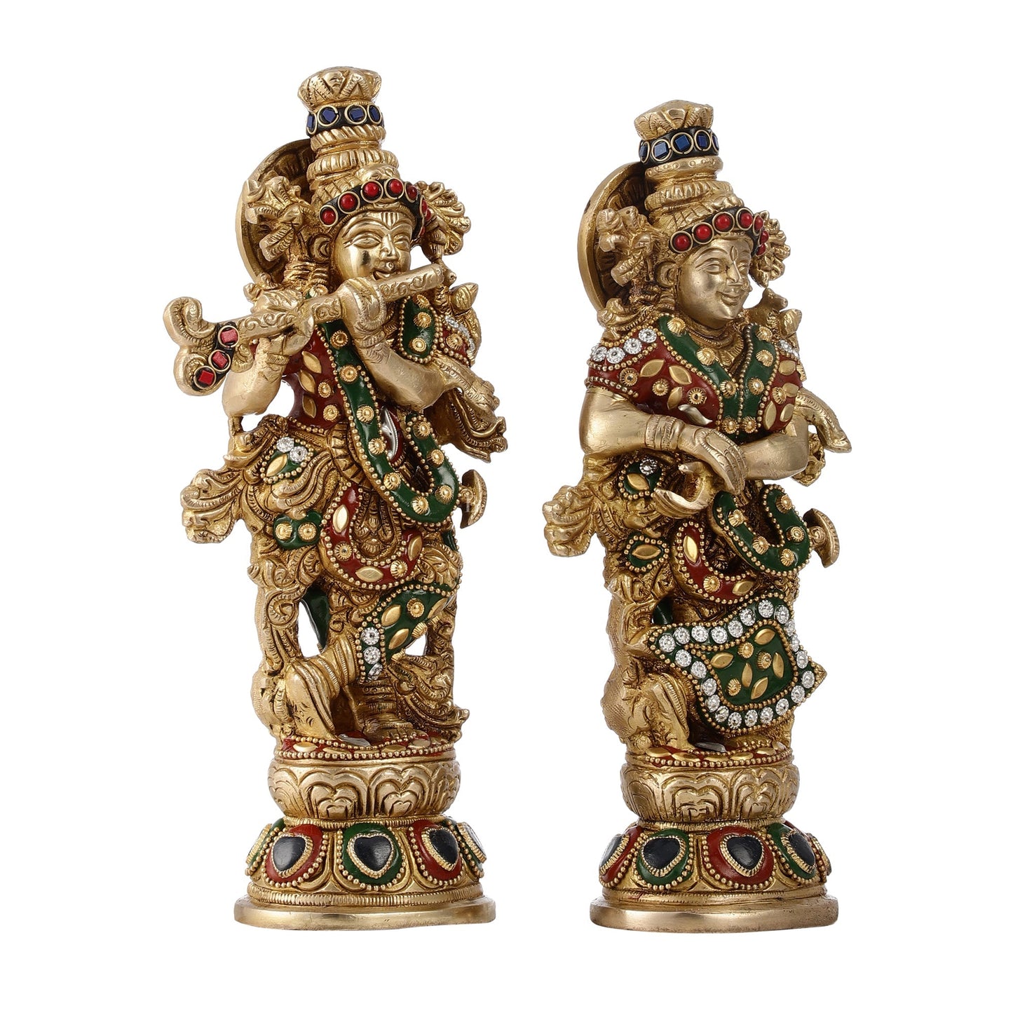 Exquisite Brass Radha Krishna Idol Pair with Stonework 9 inch