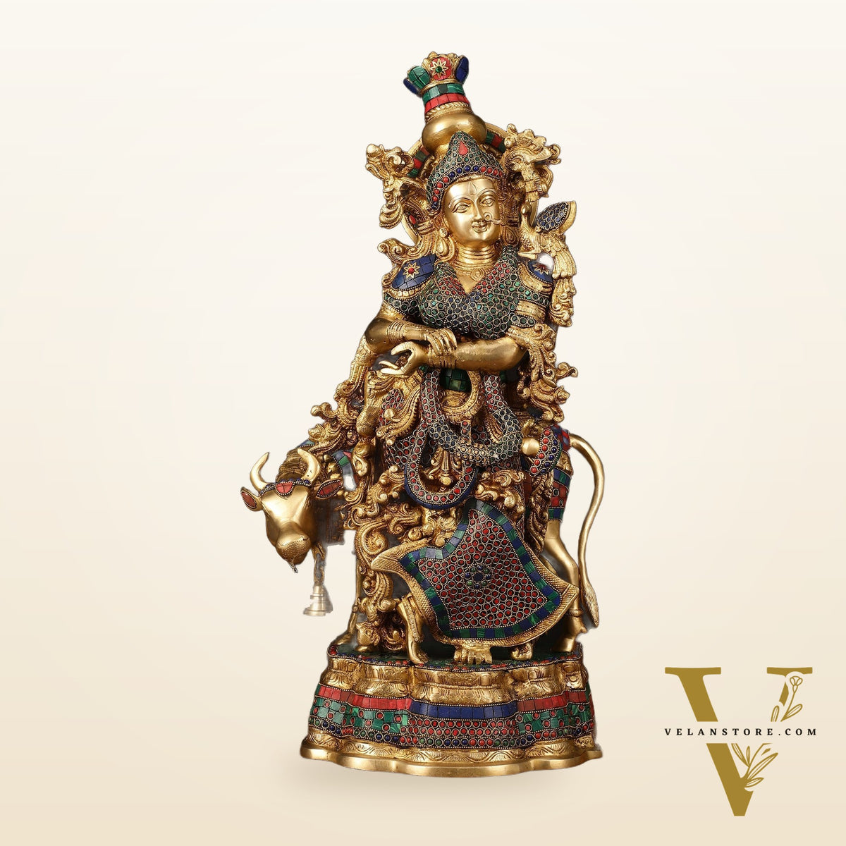 Exquisite Brass Radha with Cow Idol - 26.5" Height, Meenakari Stonework