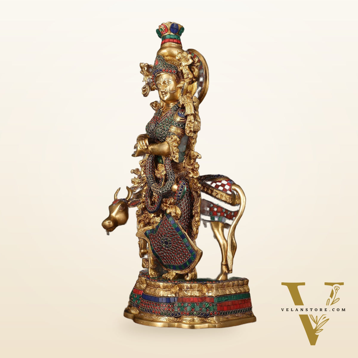 Exquisite Brass Radha with Cow Idol - 26.5" Height, Meenakari Stonework