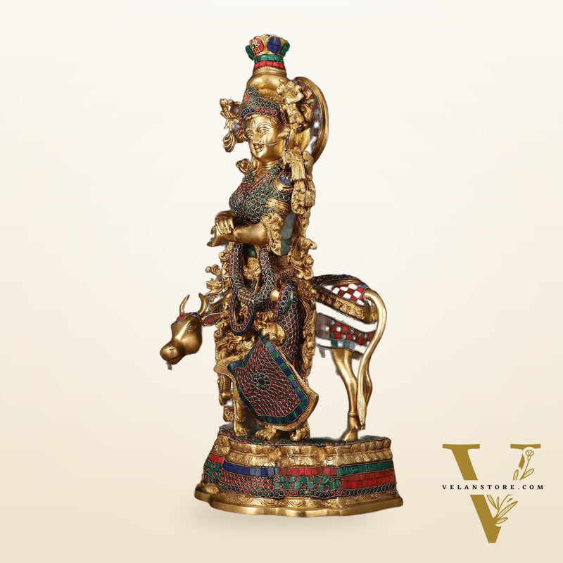 Exquisite Brass Radha with Cow Idol - 26.5" Height, Meenakari Stonework
