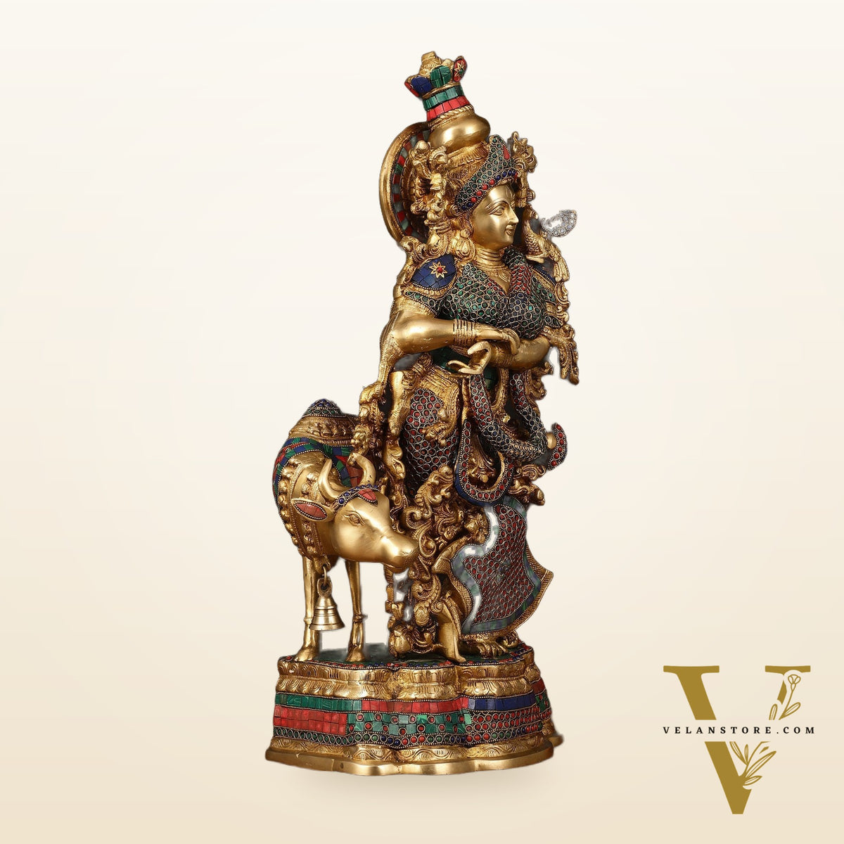 Exquisite Brass Radha with Cow Idol - 26.5" Height, Meenakari Stonework