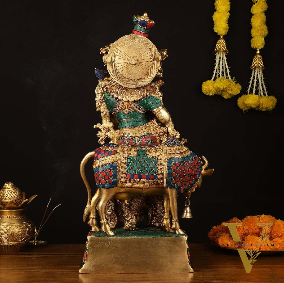 Exquisite Brass Radha with Cow Idol - 26.5" Height, Meenakari Stonework