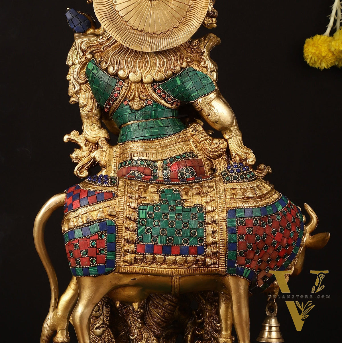 Exquisite Brass Radha with Cow Idol - 26.5" Height, Meenakari Stonework