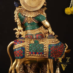 Exquisite Brass Radha with Cow Idol - 26.5" Height, Meenakari Stonework