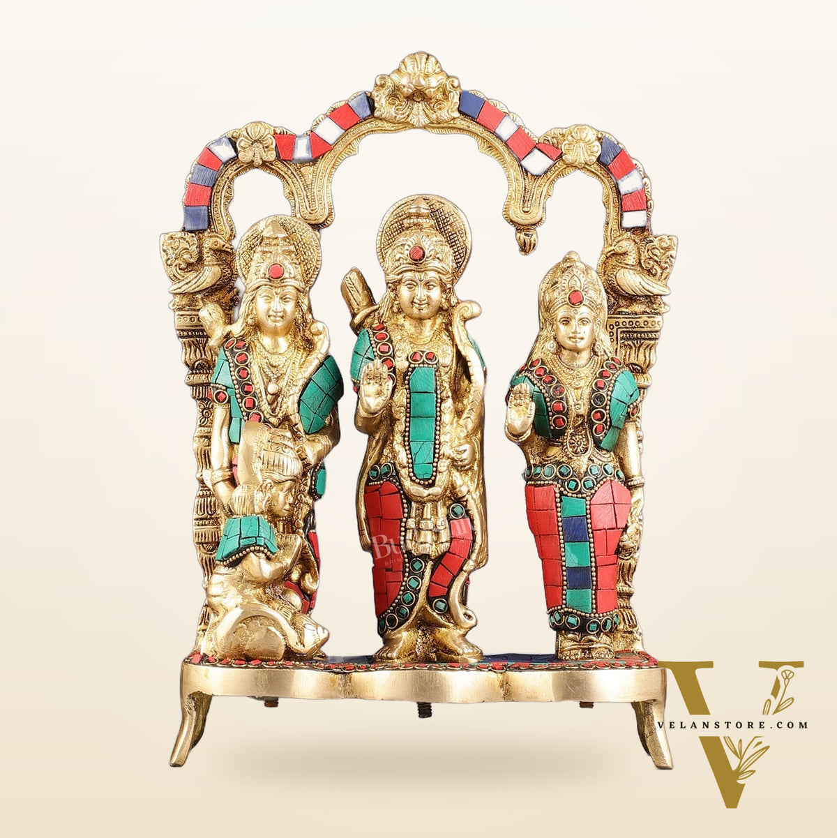 Exquisite Brass Ram Darbar with Inlay Stonework - 11 Inch