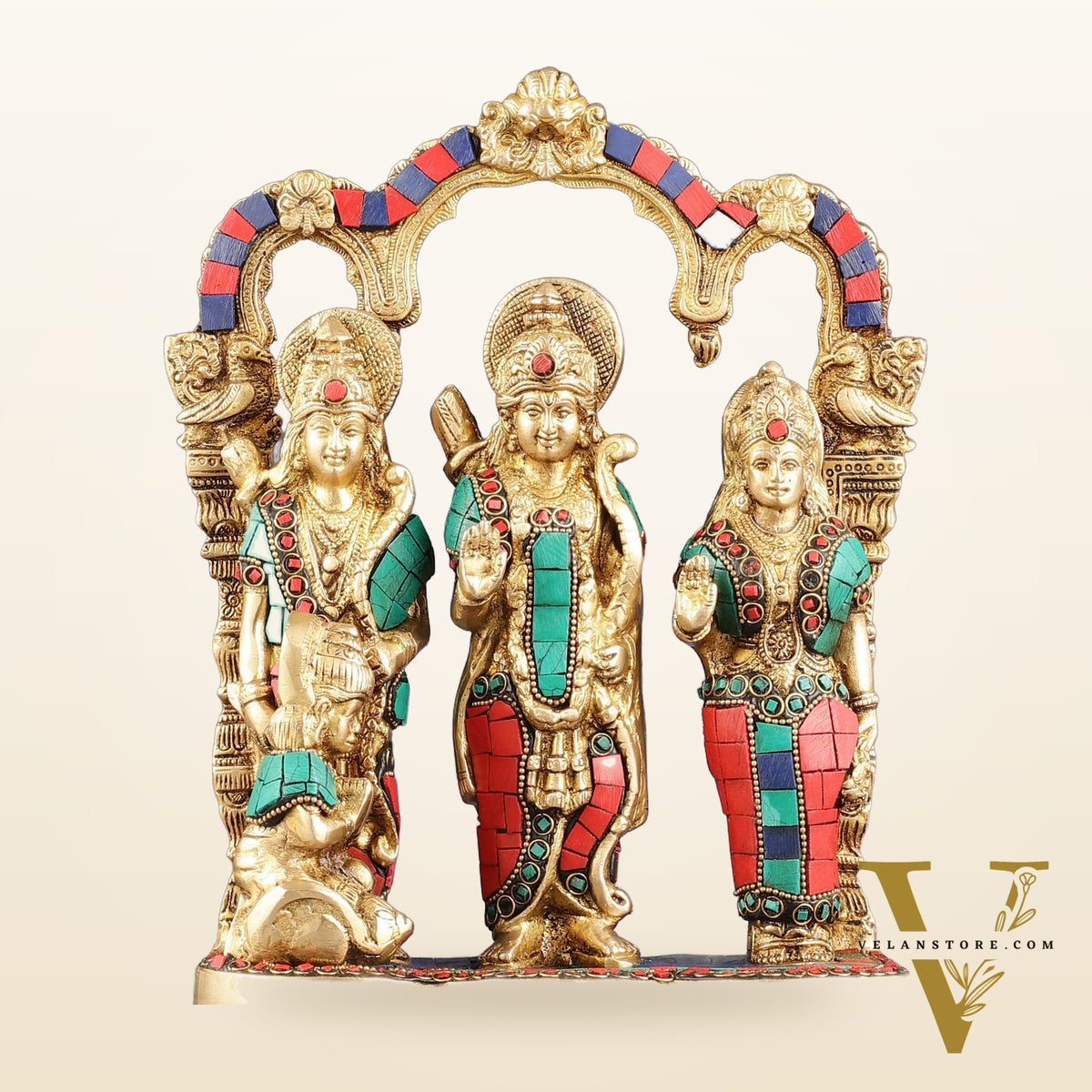 Exquisite Brass Ram Darbar with Inlay Stonework - 11 Inch