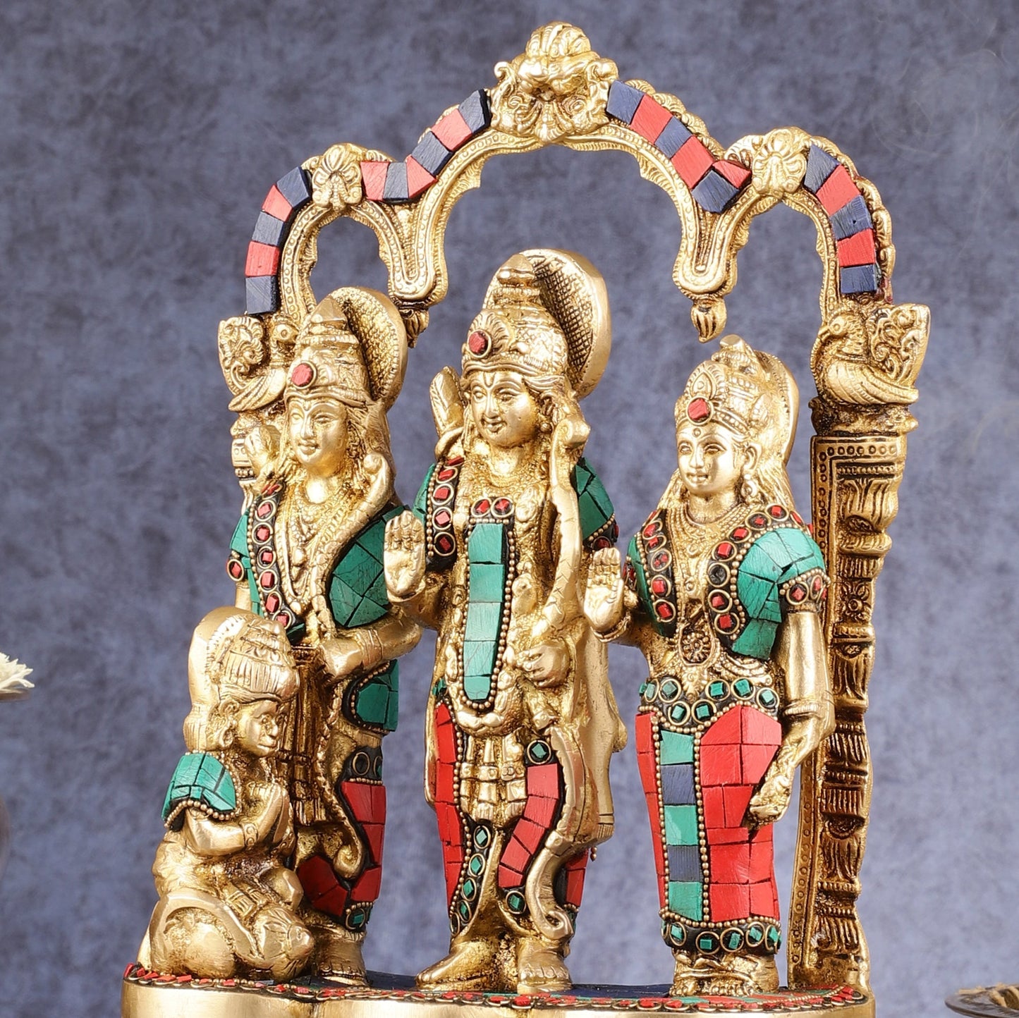 Exquisite Brass Ram Darbar with Inlay Stonework - 11 Inch