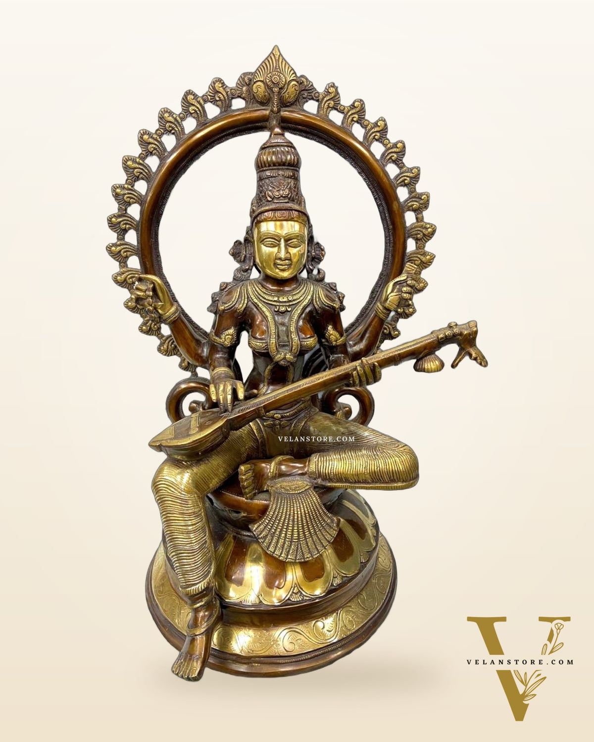 Exquisite Brass Saraswati Devi Statue with Arch 27 inch