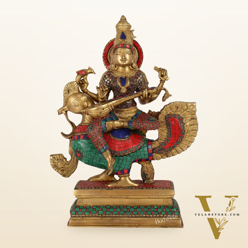 Exquisite Brass Saraswati Statue | 19.5" Height