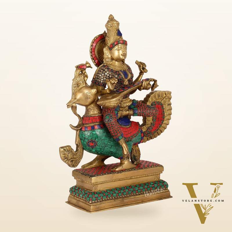 Exquisite Brass Saraswati Statue | 19.5" Height